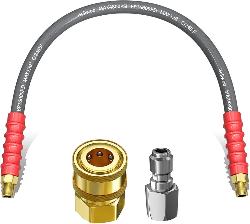 Heliwoo Pressure Washer Whip Hose 2FT, 3/8'' Hose Reel Connector for Power Washer, 248°F Hot Water Jumper with 3/8'' Quick Connect Adapter Set, Steel-Braided-4800 PSI - Image 1
